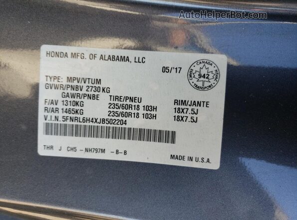 5FNRL6H4XJB502204 2018 HONDA ODYSSEY Gray Vista interior de 360 grados
