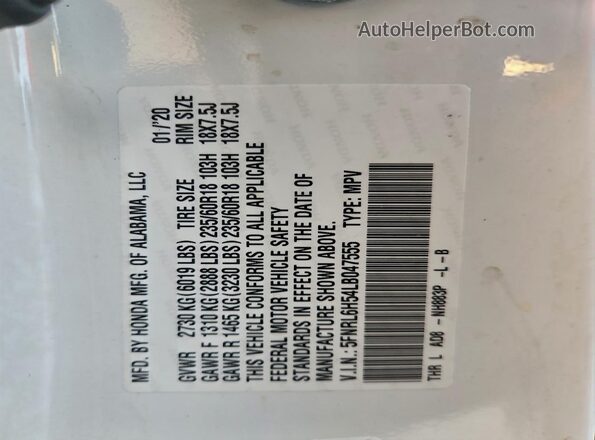 5FNRL6H54LB047555 2020 HONDA ODYSSEY White Widok naklejki z numerem VIN