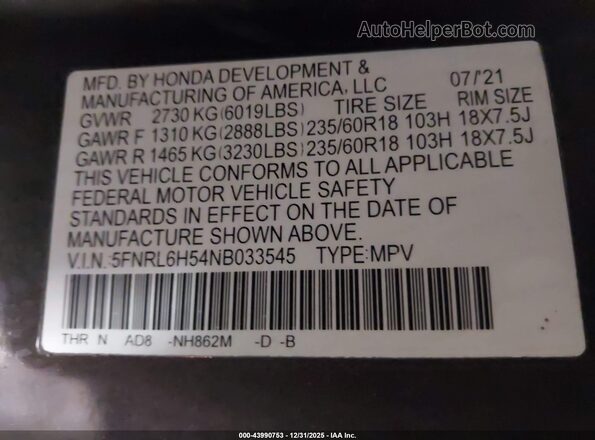 5FNRL6H54NB033545 2022 HONDA ODYSSEY Gray Vista del compartimento del motor