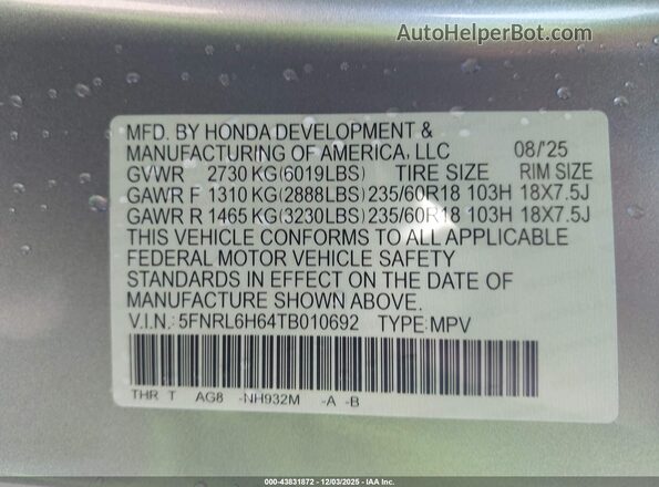 5FNRL6H64TB010692 2026 HONDA ODYSSEY Silver Vista del compartimento del motor