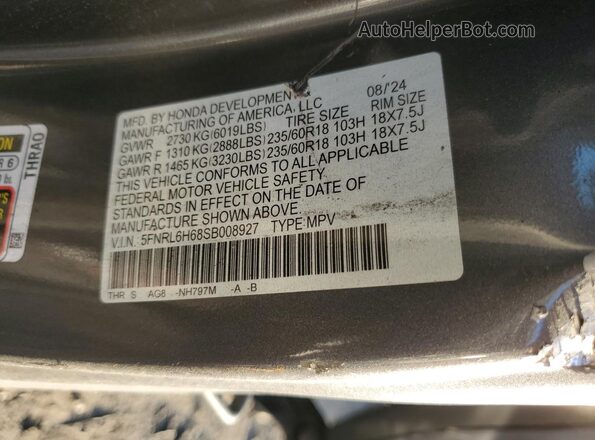5FNRL6H68SB008927 2025 HONDA ODYSSEY Серый Панорамный вид салона 360°