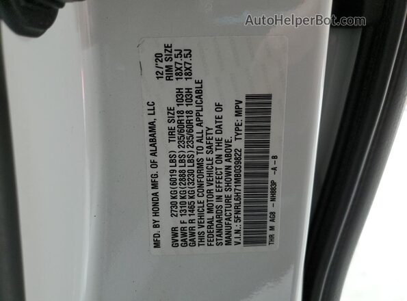 5FNRL6H71MB039822 2021 HONDA ODYSSEY White VIN კოდის სტიკერის ხედი