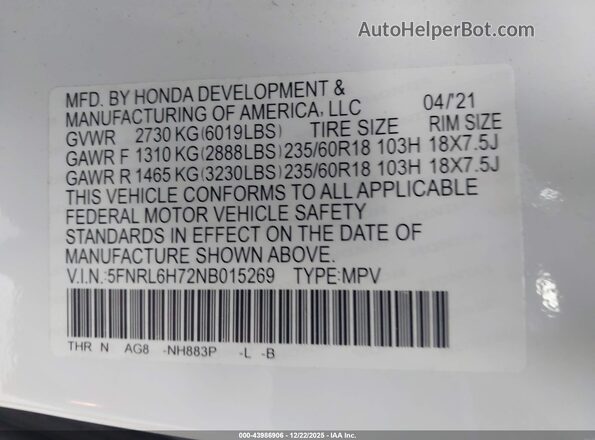 5FNRL6H72NB015269 2022 HONDA ODYSSEY Белый Вид подкапотного пространства