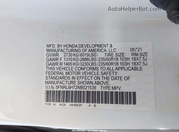 5FNRL6H72NB021539 2022 HONDA ODYSSEY White Widok komory silnika