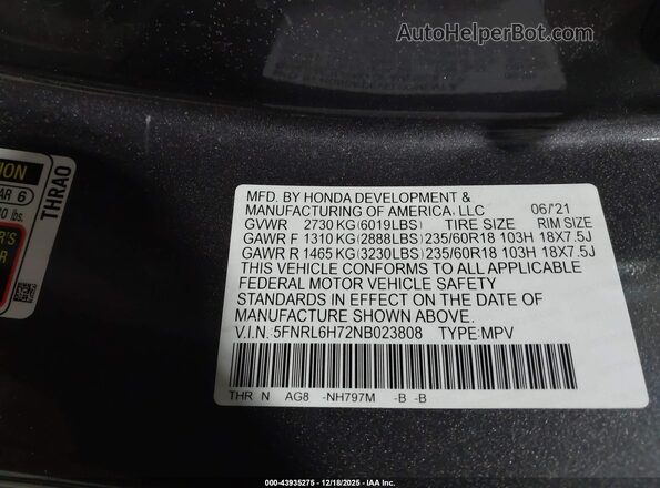 5FNRL6H72NB023808 2022 HONDA ODYSSEY Серый Вид подкапотного пространства