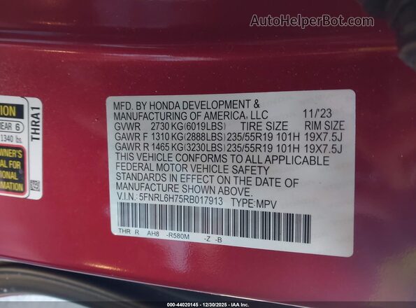 5FNRL6H75RB017913 2024 HONDA ODYSSEY Красный Вид подкапотного пространства