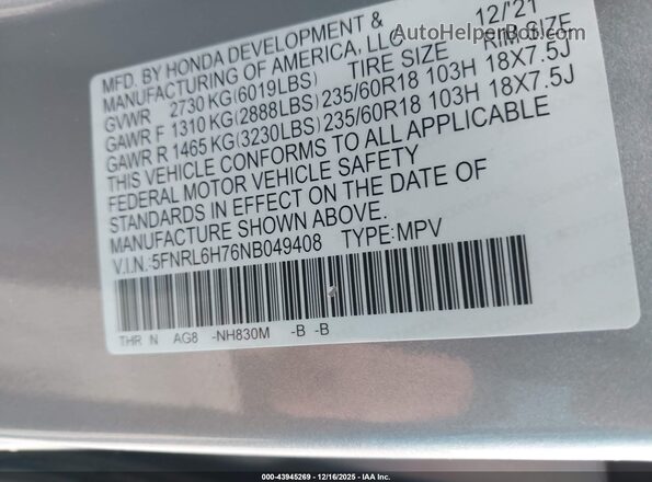 5FNRL6H76NB049408 2022 HONDA ODYSSEY Silver Vista del compartimento del motor
