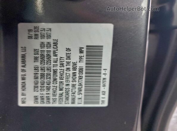 5FNRL6H77KB138061 2019 HONDA ODYSSEY Gray Widok naklejki z numerem VIN