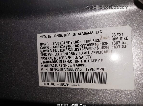 5FNRL6H77NB006115 2022 HONDA ODYSSEY Серебряный Вид подкапотного пространства