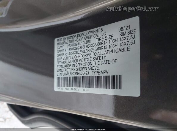 5FNRL6H78NB035493 2022 HONDA ODYSSEY Серый Вид подкапотного пространства