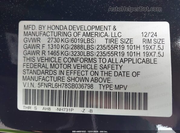 5FNRL6H78SB036798 2025 HONDA ODYSSEY Черный Вид подкапотного пространства