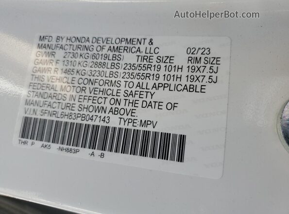 5FNRL6H83PB047143 2023 HONDA ODYSSEY White Вид наклейки з VIN-кодом