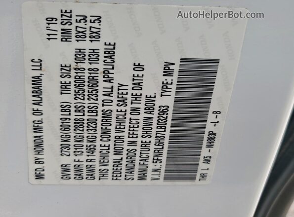 5FNRL6H87LB032963 2020 HONDA ODYSSEY White VIN sticker view
