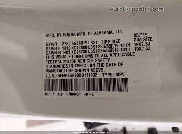 5FNRL6H90KB111432 2019 HONDA ODYSSEY Белый Вид подкапотного пространства