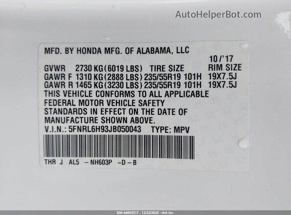 5FNRL6H93JB050043 2018 HONDA ODYSSEY Белый Вид подкапотного пространства