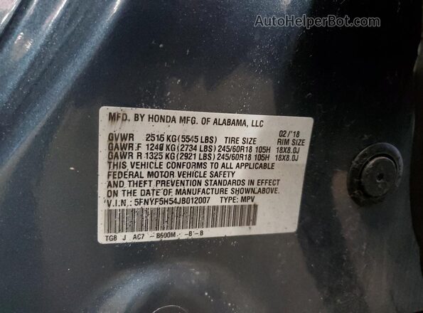 5FNYF5H54JB012007 2018 HONDA PILOT Синий Панорамный вид салона 360°