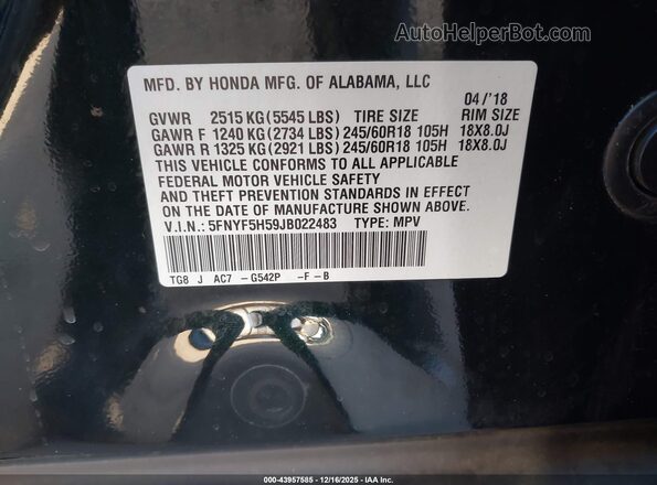 5FNYF5H59JB022483 2018 HONDA PILOT Зеленый Вид подкапотного пространства