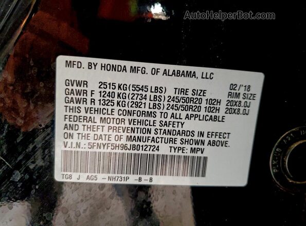 5FNYF5H96JB012724 2018 HONDA PILOT Черный Вид наклейки с VIN-кодом