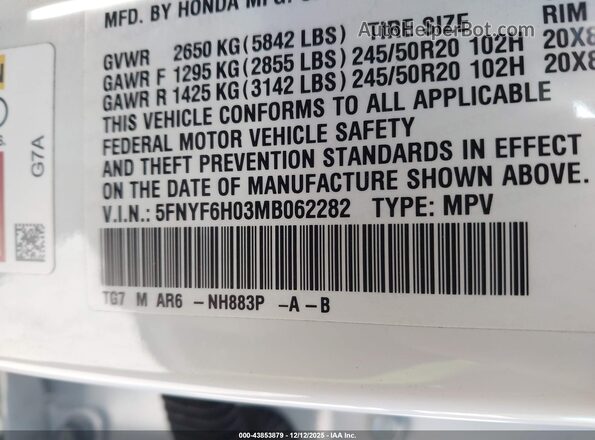 5FNYF6H03MB062282 2021 HONDA PILOT White Vista del compartimento del motor