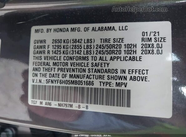 5FNYF6H05MB051686 2021 HONDA PILOT Серый Вид подкапотного пространства