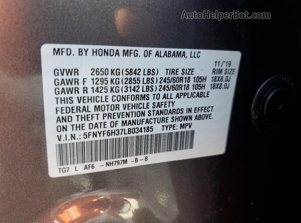 5FNYF6H37LB034185 2020 HONDA PILOT Gray Vista de la etiqueta del VIN