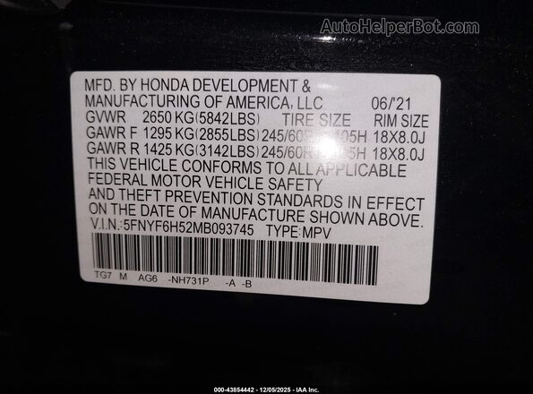 5FNYF6H52MB093745 2021 HONDA PILOT Черный Вид подкапотного пространства