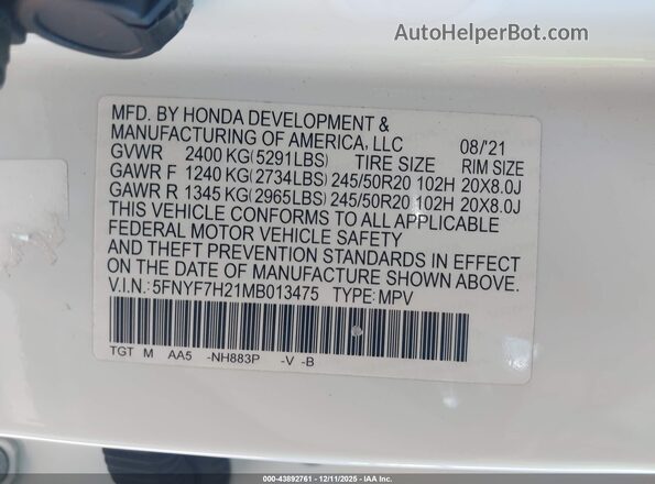 5FNYF7H21MB013475 2021 HONDA PASSPORT White Widok komory silnika