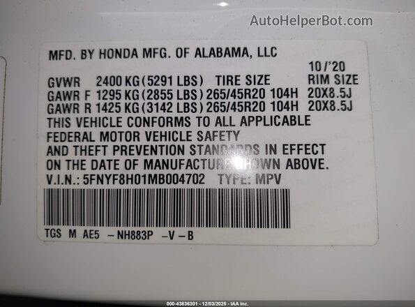 5FNYF8H01MB004702 2021 HONDA PASSPORT Белый Вид подкапотного пространства