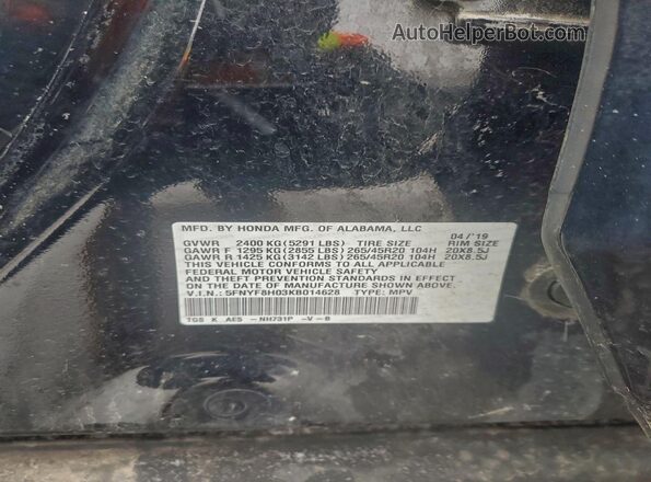 5FNYF8H03KB014628 2019 HONDA PASSPORT Черный Вид наклейки с VIN-кодом