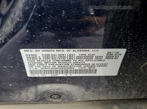 5FNYF8H0XKB026985 2019 HONDA PASSPORT Синий Вид наклейки с VIN-кодом