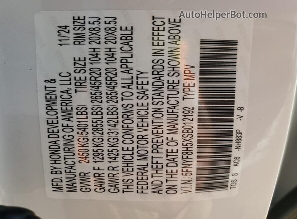 5FNYF8H5XSB012192 2025 HONDA PASSPORT White Widok naklejki z numerem VIN