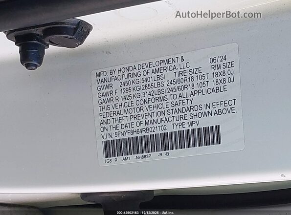 5FNYF8H64RB021702 2024 HONDA PASSPORT White Widok komory silnika