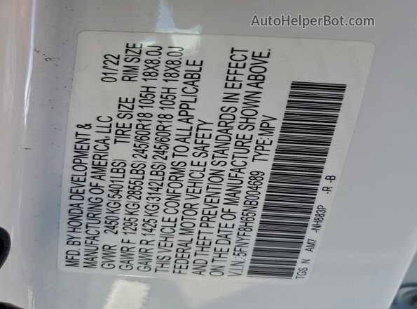 5FNYF8H65NB004689 2022 HONDA PASSPORT Белый Вид наклейки с VIN-кодом
