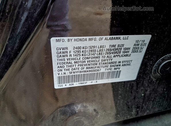 5FNYF8H96KB030367 2019 HONDA PASSPORT Black Vista de la etiqueta del VIN