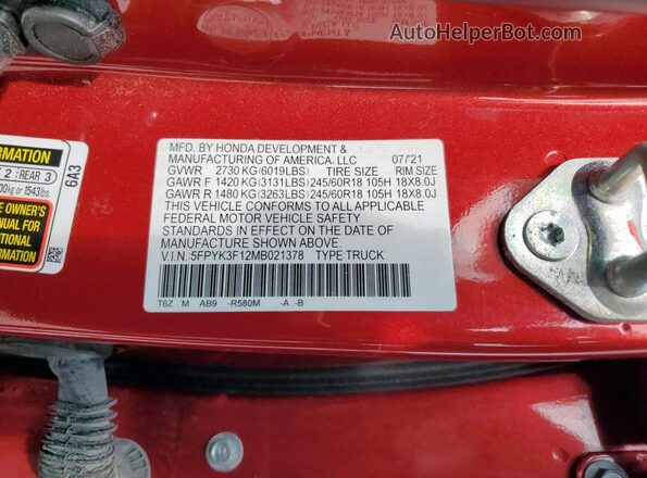 5FPYK3F12MB021378 2021 HONDA RIDGELINE Красный Вид наклейки с VIN-кодом