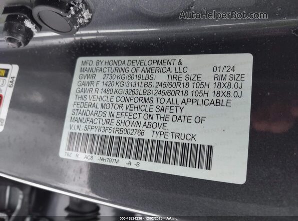 5FPYK3F51RB002766 2024 HONDA RIDGELINE Gray ძრავის განყოფილების ხედი
