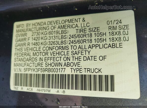 5FPYK3F59RB003177 2024 HONDA RIDGELINE Gray Widok komory silnika