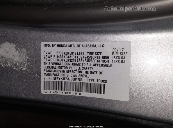5FPYK3F68JB004785 2018 HONDA RIDGELINE Серебряный Вид подкапотного пространства