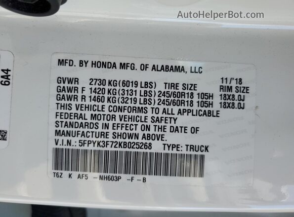5FPYK3F72KB025268 2019 HONDA RIDGELINE White Widok komory silnika