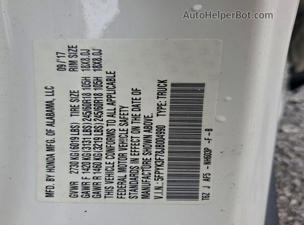 5FPYK3F78JB004990 2018 HONDA RIDGELINE White Widok naklejki z numerem VIN