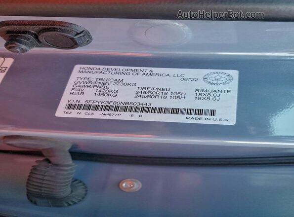 5FPYK3F80NB503443 2022 HONDA RIDGELINE Серый Вид подкапотного пространства