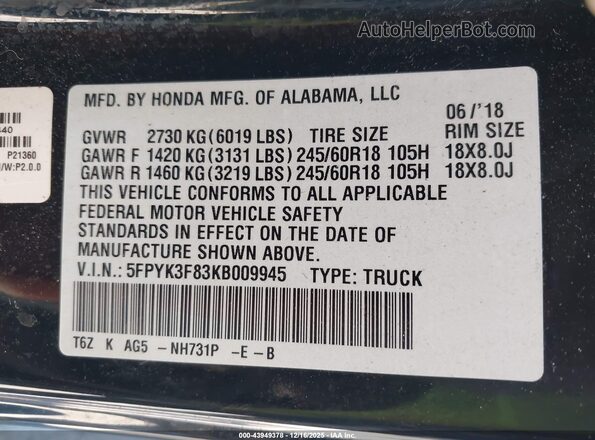 5FPYK3F83KB009945 2019 HONDA RIDGELINE Black ძრავის განყოფილების ხედი