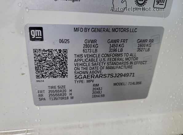 5GAERARS7SJ294971 2025 BUICK ENCLAVE White Vista de la etiqueta del VIN