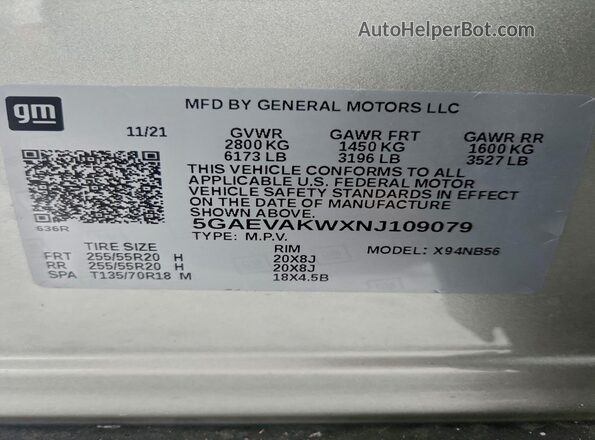 5GAEVAKWXNJ109079 2022 BUICK ENCLAVE Серебряный Вид наклейки с VIN-кодом