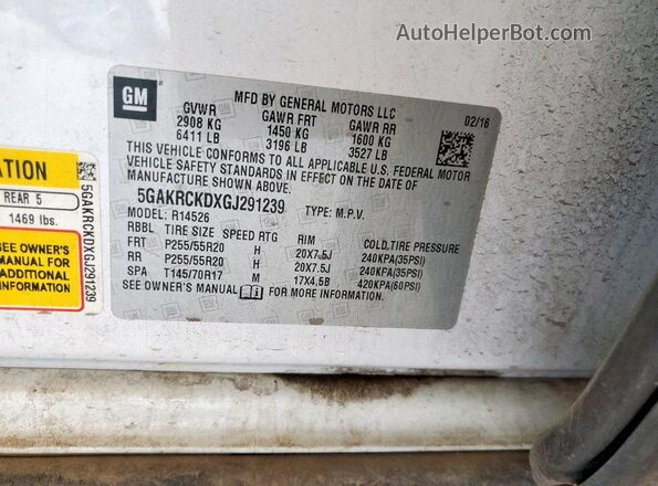 5GAKRCKDXGJ291239 2016 BUICK ENCLAVE Белый Вид наклейки с VIN-кодом