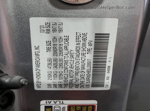 5J6RW2H83LL006917 2020 HONDA CR-V Серебряный Вид наклейки с VIN-кодом