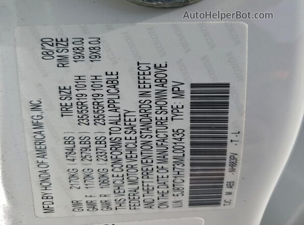 5J8TC1H73ML001435 2021 ACURA RDX White Widok naklejki z numerem VIN