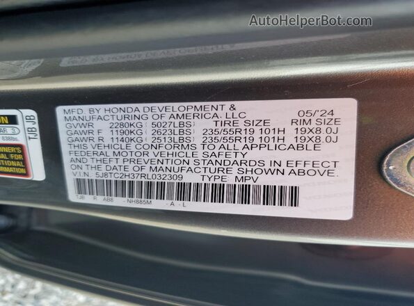 5J8TC2H37RL032309 2024 ACURA RDX Gray VIN კოდის სტიკერის ხედი