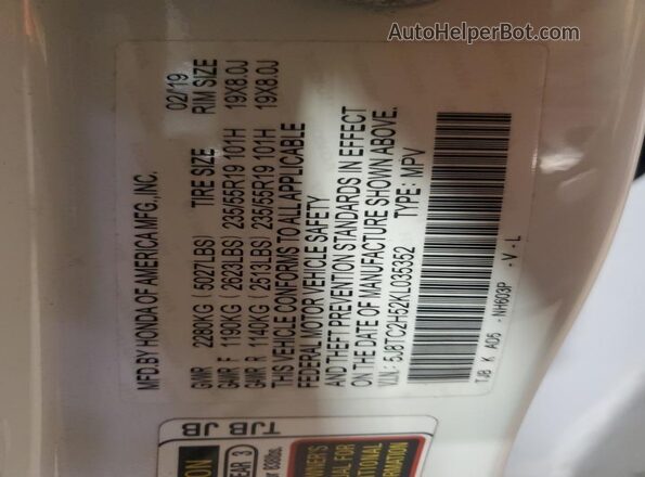 5J8TC2H52KL035352 2019 ACURA RDX White Widok naklejki z numerem VIN