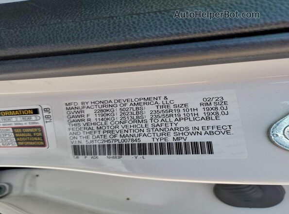 5J8TC2H57PL007845 2023 ACURA RDX White Vista de la etiqueta del VIN